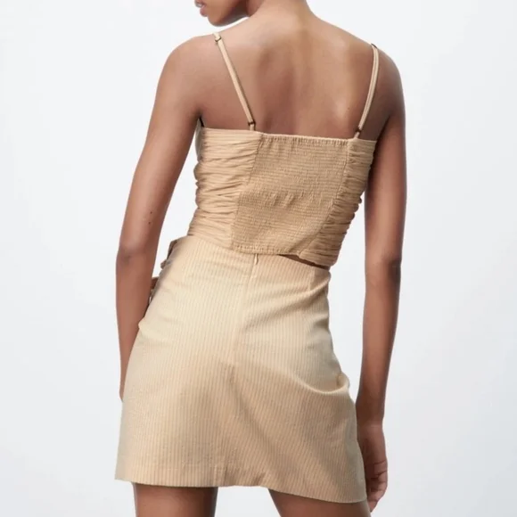 Zara Boho Beach Draped Pinstripe Asymmetric Skirt Set Bow Golden Sand Size S - Picture 2 of 6